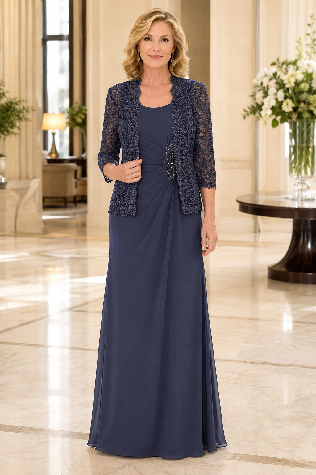 Dark Navy Chiffon Mother Dress with Lace Jacket and Floor Length A-Line Skirt front view