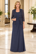 Dark Navy Chiffon Mother Dress with Lace Jacket and Floor Length A-Line Skirt front view