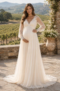 Ivory Maternity V-Neck Long Sleeve Chiffon A-Line Wedding Dress with Deep V Back front view
