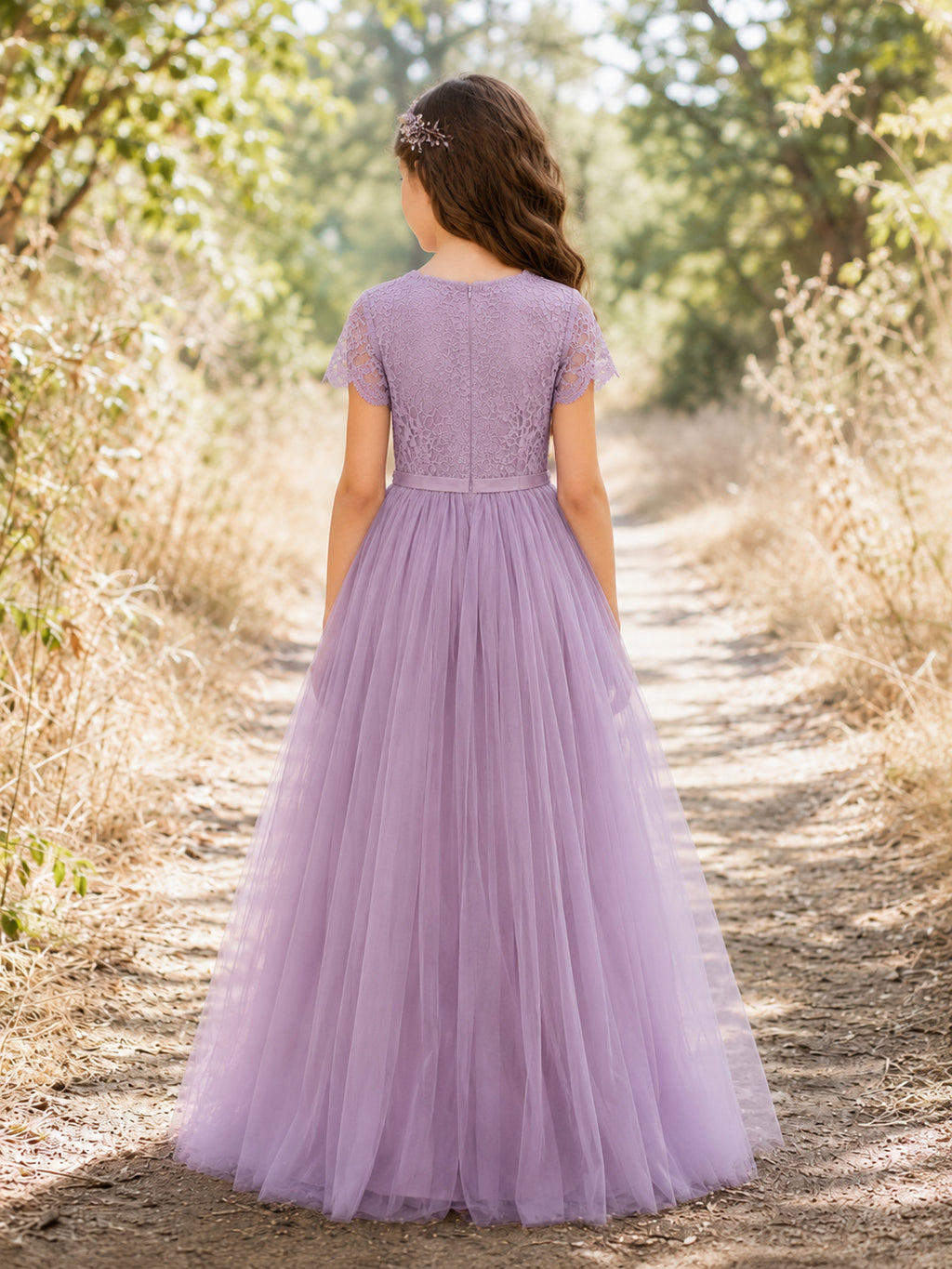 Lilac Floral Tulle A-Line Flower Girl Dress with Floor-Length Skirt back view