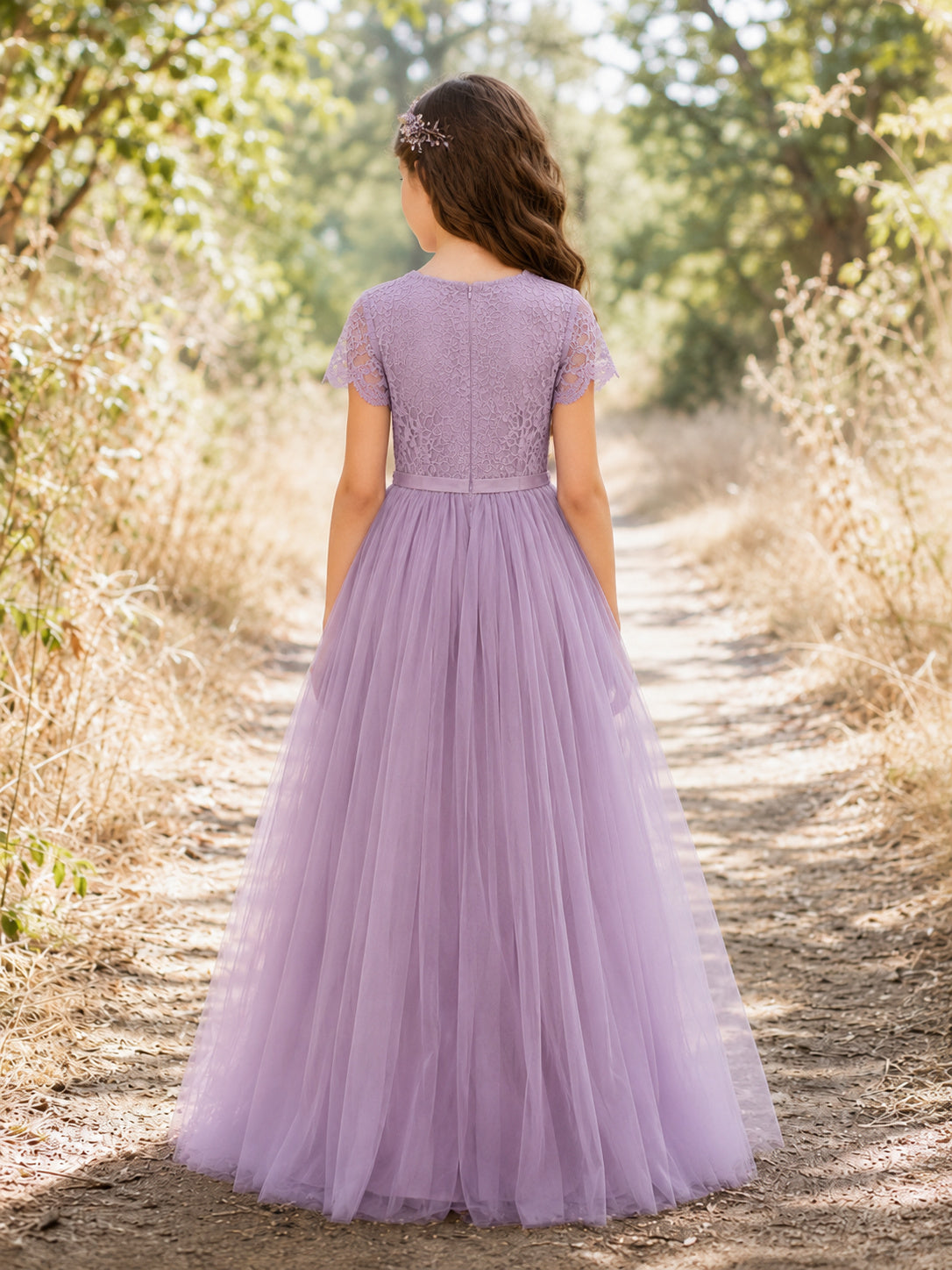 Lilac Floral Tulle A-Line Flower Girl Dress with Floor-Length Skirt back view