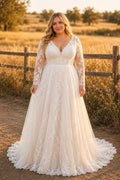 Ivory Plus Size V-Neck Long Sleeve Lace A-Line Wedding Dress with Scalloped Train front view