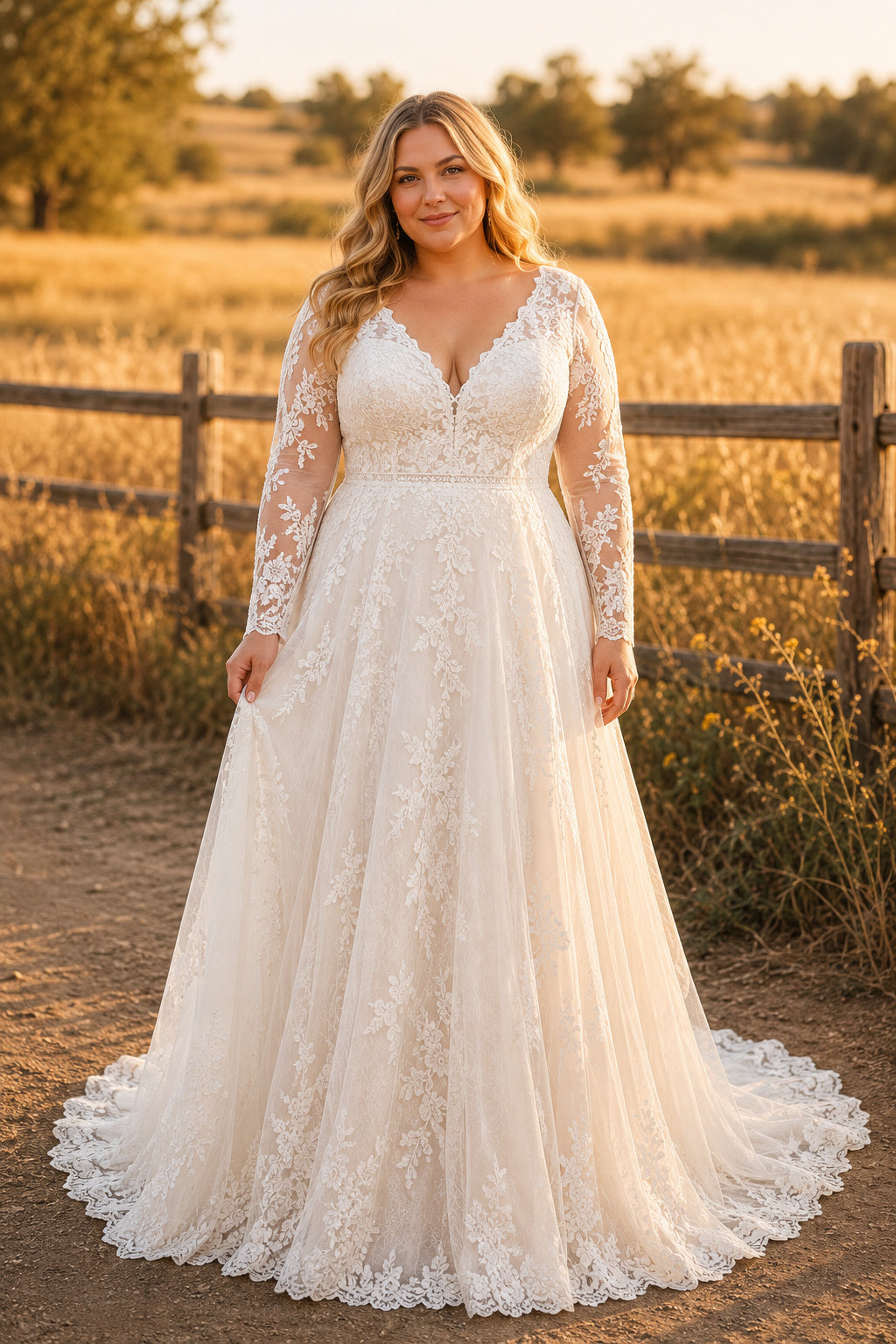 Ivory Plus Size V-Neck Long Sleeve Lace A-Line Wedding Dress with Scalloped Train front view
