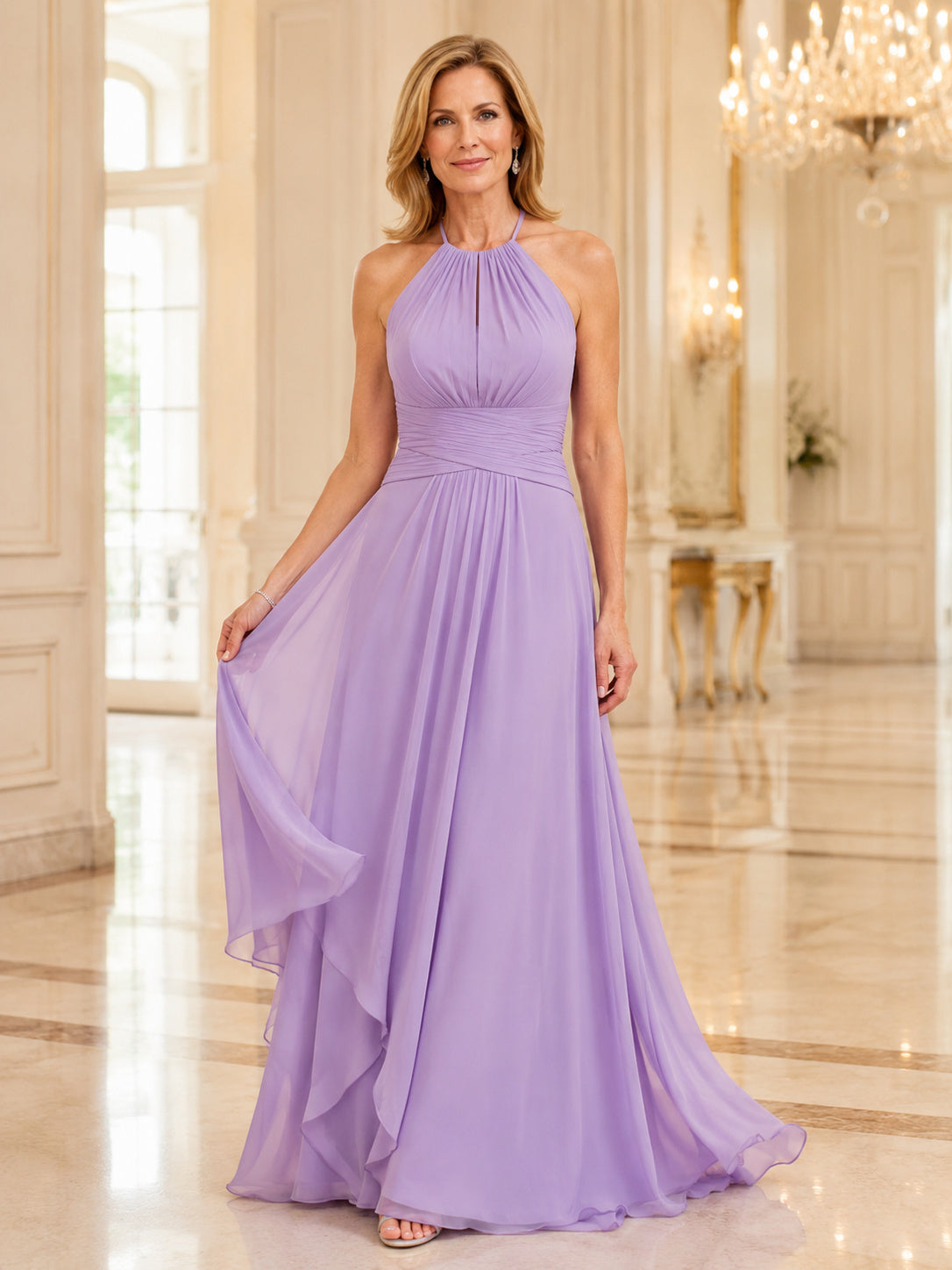 Lavender Romantic Floor-Length A-Line Mother of the Bride Chiffon Gown with Gathered Halter Neck Open Back and Soft Sweep Tra