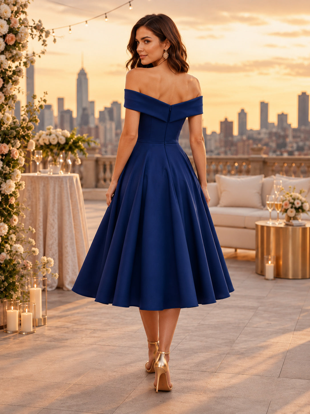 Dark Navy Satin Off-the-shoulder Tea-length A-Line Dress back view
