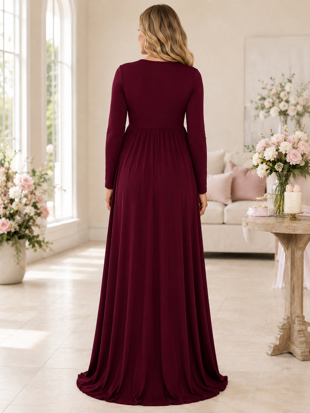 Burgundy Modest Maternity Jewel Neck Long Sleeve Jersey Empire Floor-Length Dress back view