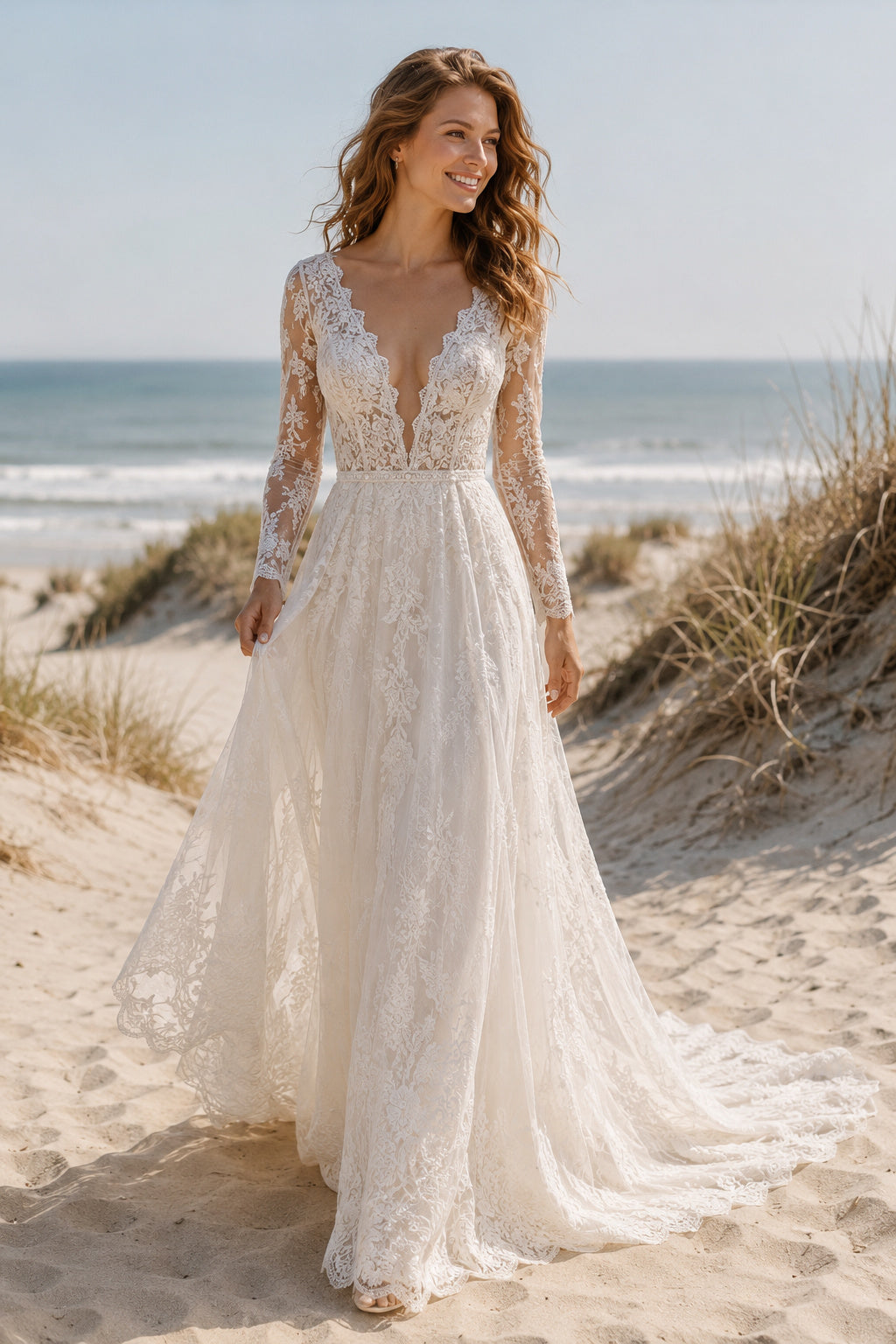 Ivory Long Sleeve Lace A-Line Beach Wedding Dress with V-Neck and Low Back front view