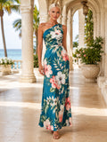 Teal Hibiscus One Shoulder Split Front Maxi Dress front view