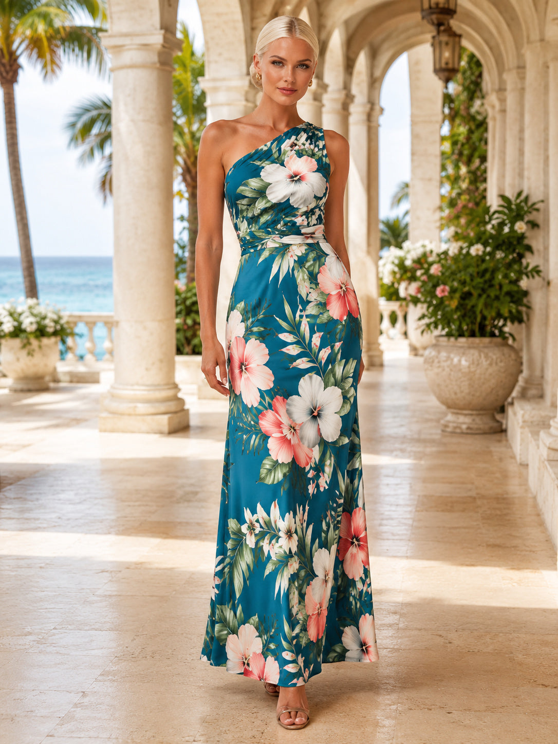 Teal Hibiscus One Shoulder Split Front Maxi Dress front view