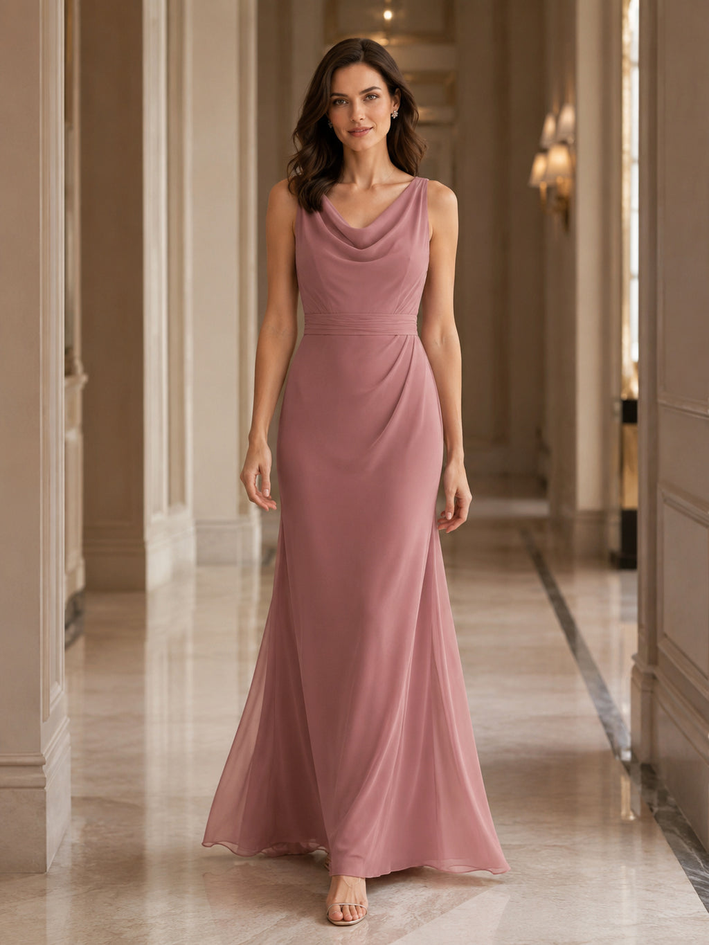 Dusty Rose Draped Cowl Neck Column Formal Dress front view