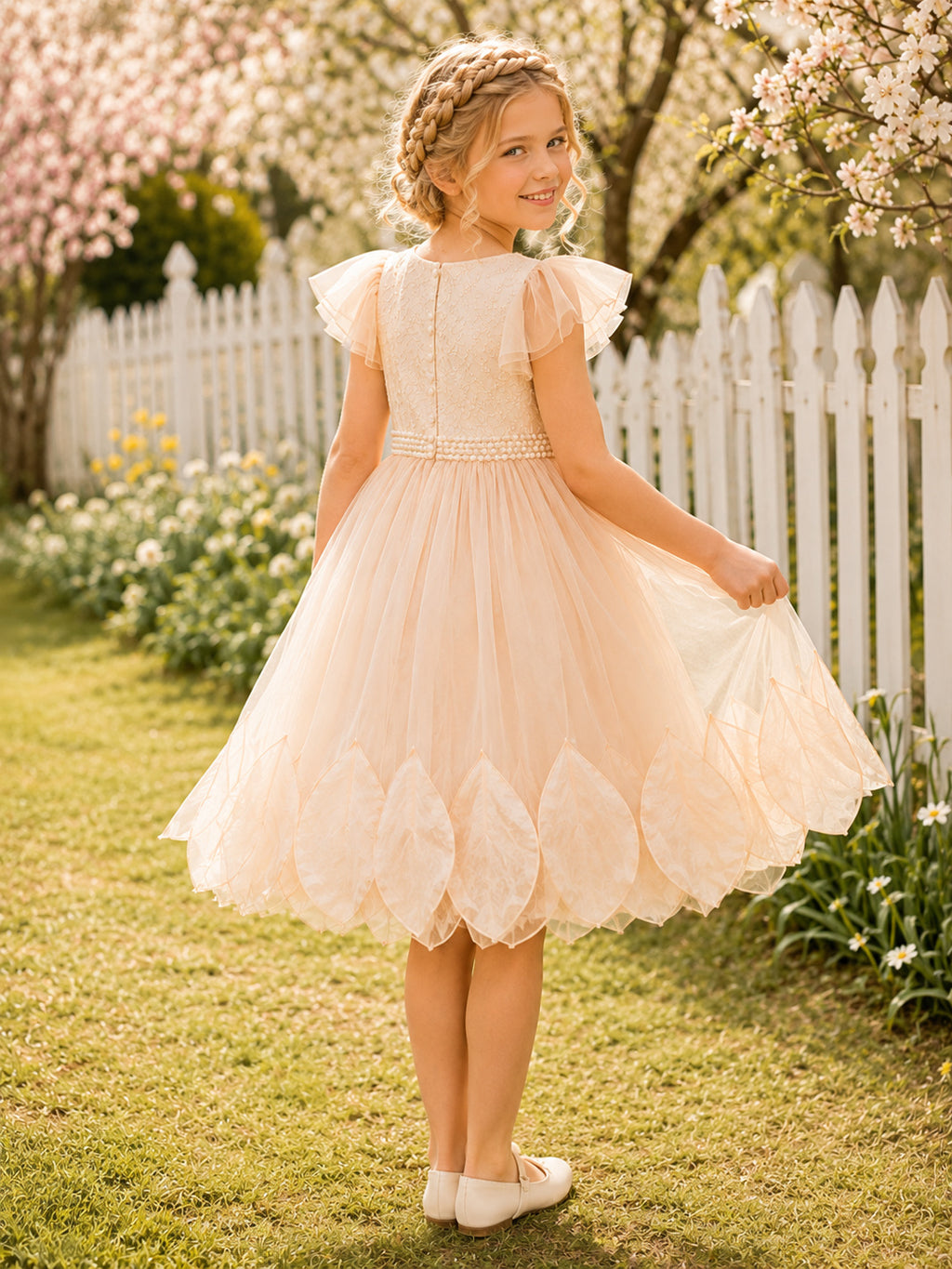 Champagne Petal Hem Flower Girl Dress with Flutter Sleeves, Tulle A-Line, Floral Waist Detail, and Tea-Length Skirt back view