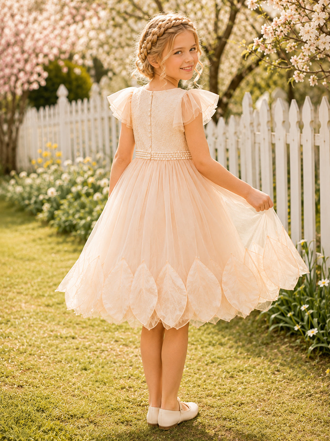 Champagne Petal Hem Flower Girl Dress with Flutter Sleeves, Tulle A-Line, Floral Waist Detail, and Tea-Length Skirt back view