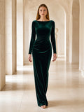 Dark Green Long Sleeve Velvet Column Evening Gown front view