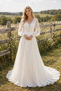 Long Sleeve V-Neck A-Line Wedding Dress with Lace Bodice and Soft Train for Rustic Garden Ceremony front view