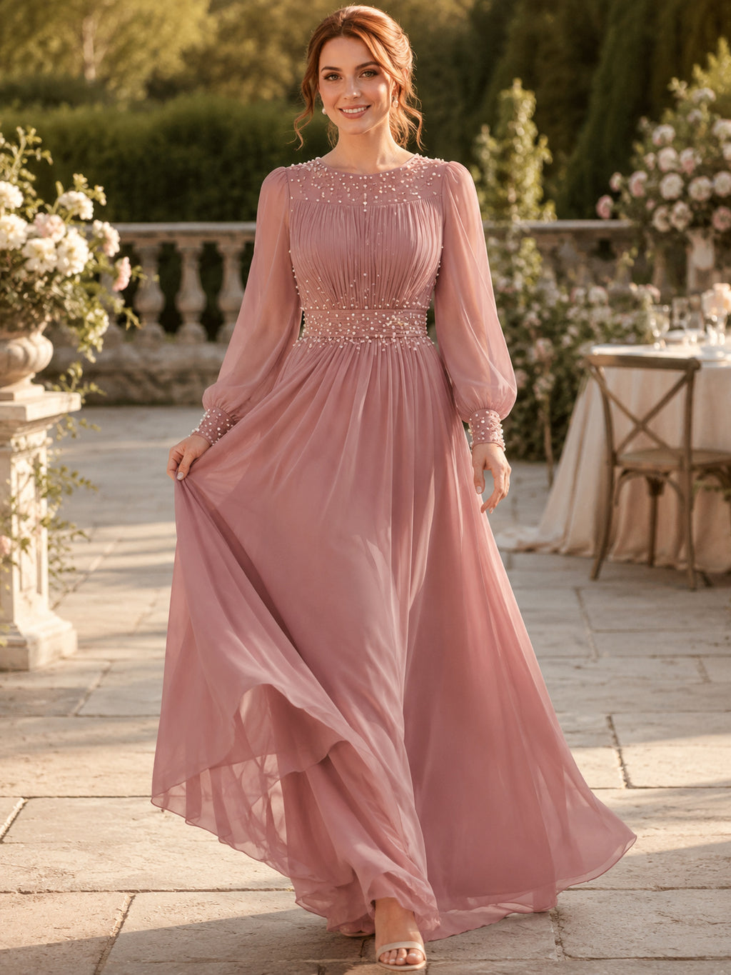 Dusty Rose Illusion Pearl Chiffon Maxi Gown front view