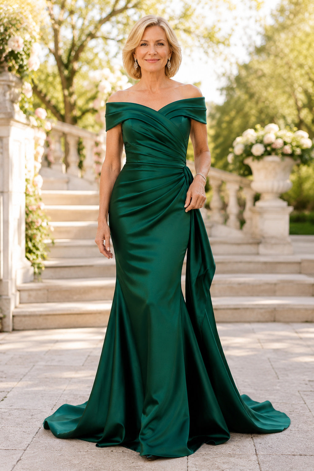 Dark Green Off Shoulder Satin Mermaid Mother Dress with Ruching and Sweep Train front view