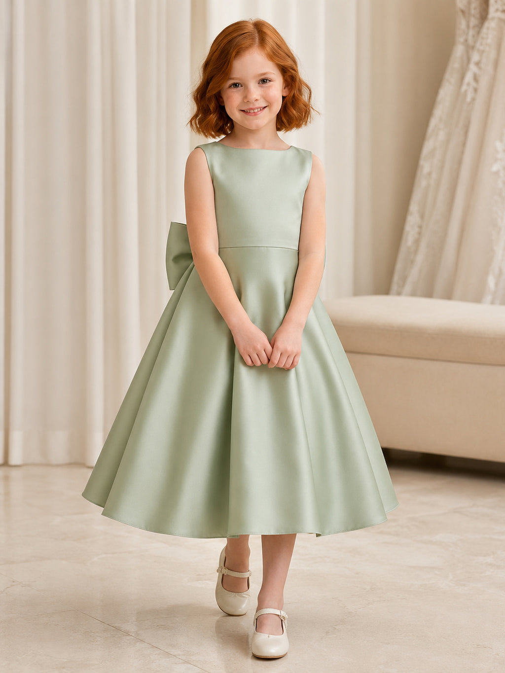 Flower Girl Dress Sage Satin A-Line Jewel Neck Tea Length Bow Back front view