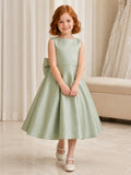 Flower Girl Dress Sage Satin A-Line Jewel Neck Tea Length Bow Back front view