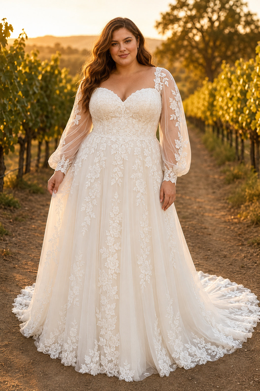 Plus Size Ivory Sweetheart Bishop Sleeve Lace Tulle A-Line Wedding Dress with Bishop Sleeves and Lace Chapel Train front view