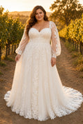 Plus Size Ivory Sweetheart Bishop Sleeve Lace Tulle A-Line Wedding Dress with Bishop Sleeves and Lace Chapel Train front view