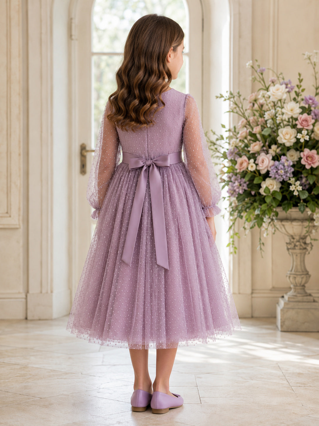 Lavender Swiss Dot Tulle Jewel Neck Illusion Long Sleeve Rear-Bow Tea-Length Flower Girl Dress back view