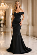 Black off the shoulder satin mermaid gown with sweetheart neckline and sweep train Floor-length And Sweep/Brush Train Mermaid