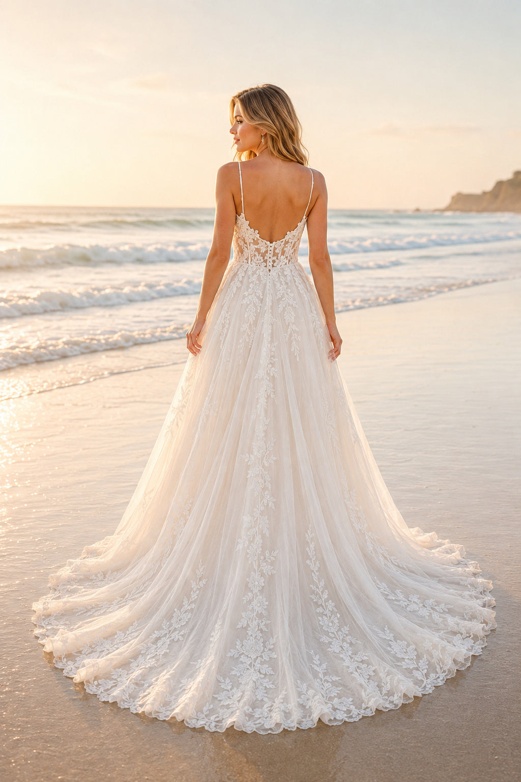 Ivory Spaghetti V-Neck Lace Tulle A-Line Wedding Dress Split Chapel Train for Bridal Ceremony and Reception back view