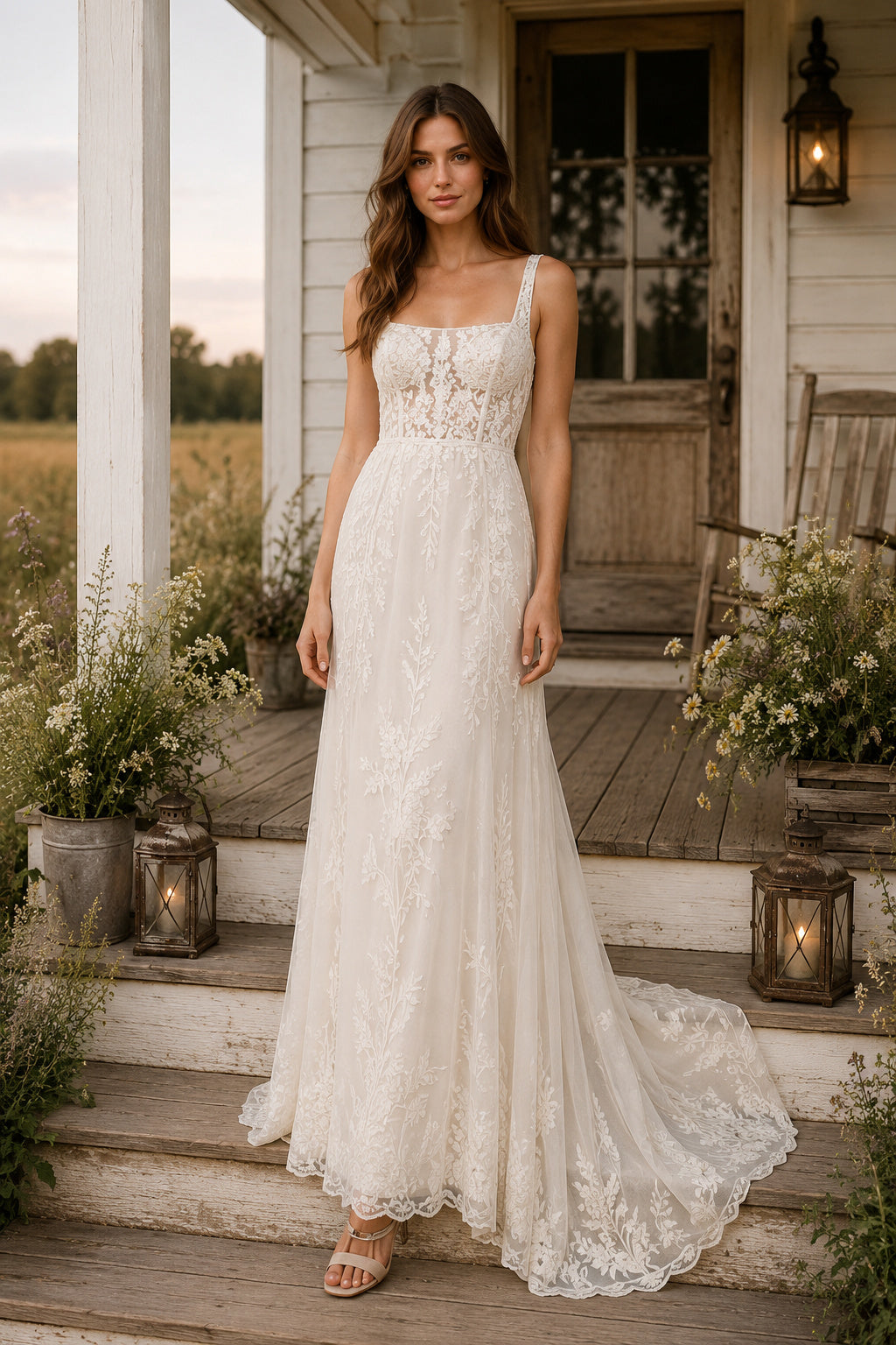 Ivory Square Neck Sleeveless Lace Sheath Wedding Dress with Low Back and Sweep Train front view