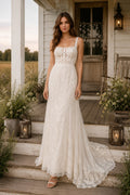 Ivory Square Neck Sleeveless Lace Sheath Wedding Dress with Low Back and Sweep Train front view