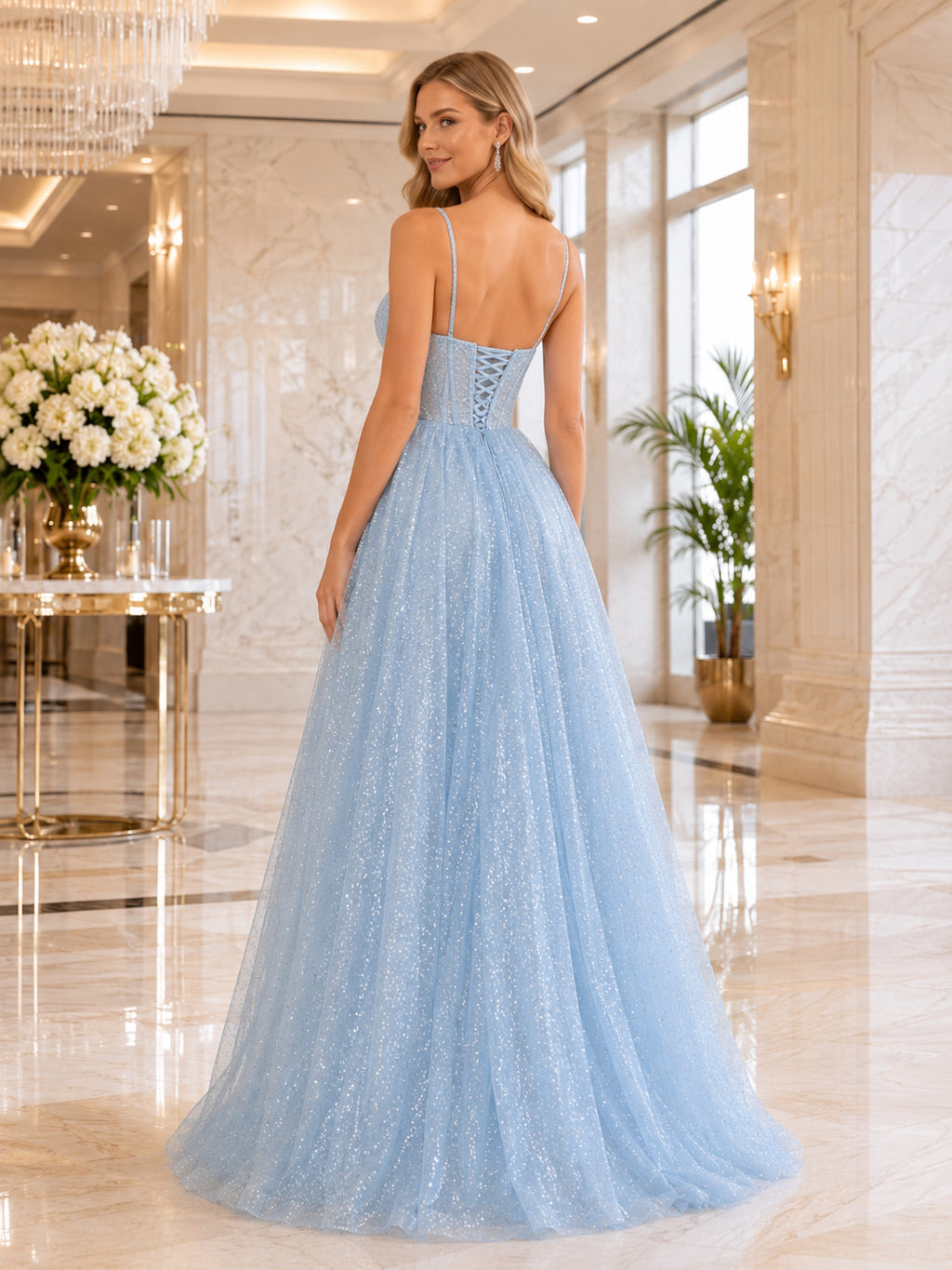 Ethereal Sky Blue Sequin Prom A Line Floor Length Spaghetti Corset Gown back view