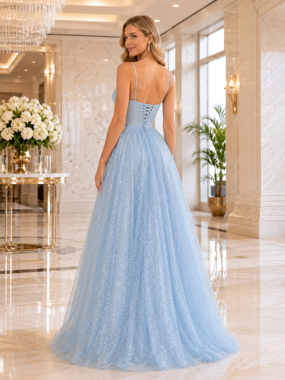 Ethereal Sky Blue Sequin Prom A Line Floor Length Spaghetti Corset Gown back view