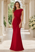 Evening Gown Red Jersey Sheath Bateau Neck Sleeveless Ruched Floor Length front view