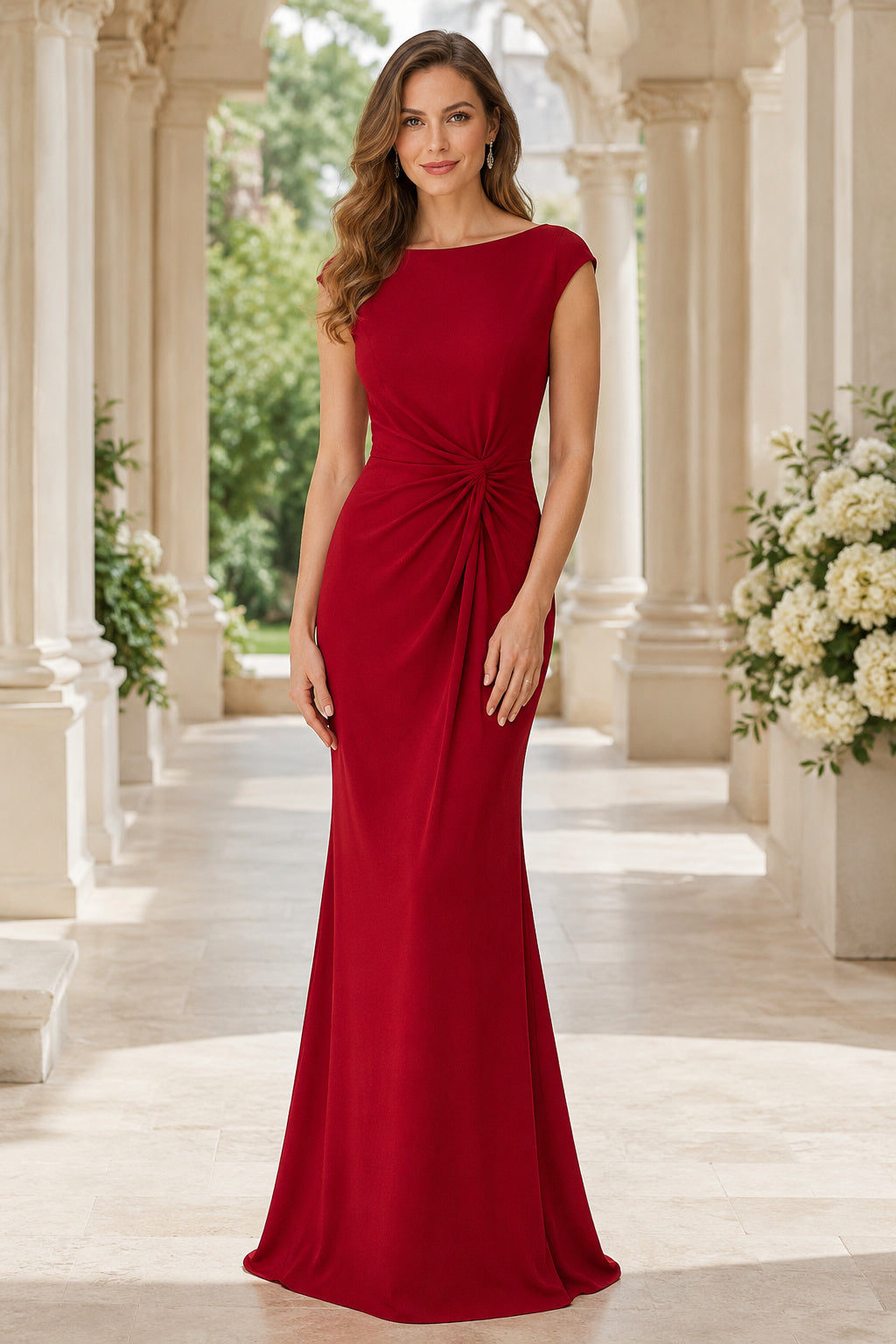 Evening Gown Red Jersey Sheath Bateau Neck Sleeveless Ruched Floor Length front view