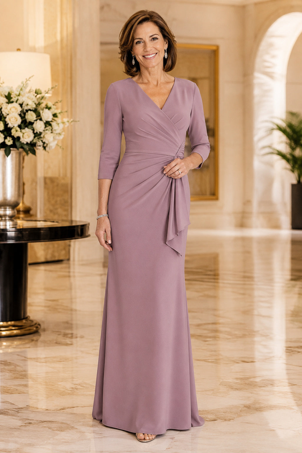Vintage Mauve V-Neck Sheath Mother Dress with Three-Quarter Sleeves and Side Drape front view