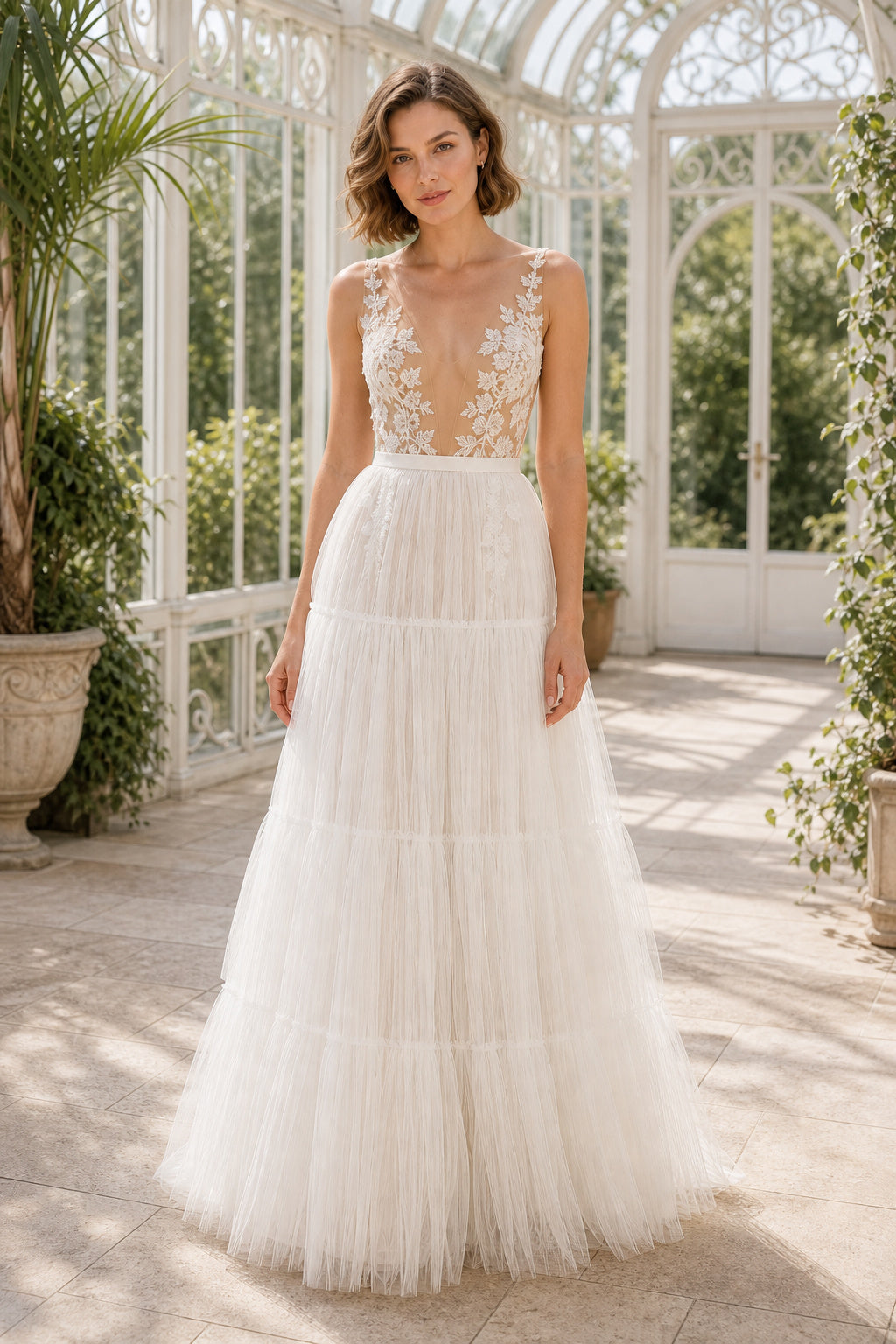 Champagne Halter Sheath Satin Floor-length Wedding Dress With Lace Bodice and Sweep Train and Open Back
