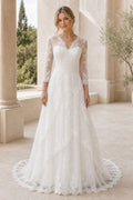 Champagne Scoop Three-Quarter Sleeves A-Line Lace Floor-length Wedding Dress With Lace and Sweep Train and Open Back