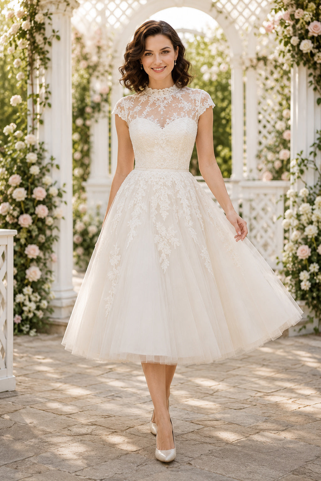 Cap Sleeve Lace Tea-Length Wedding Dress with Full Tulle Skirt front view