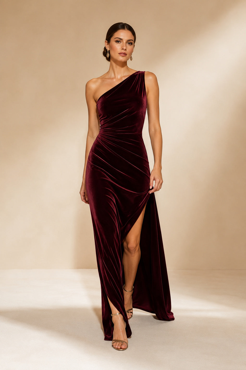 Burgundy One-Shoulder Velvet Sheath Evening Dress with Thigh Slit front view