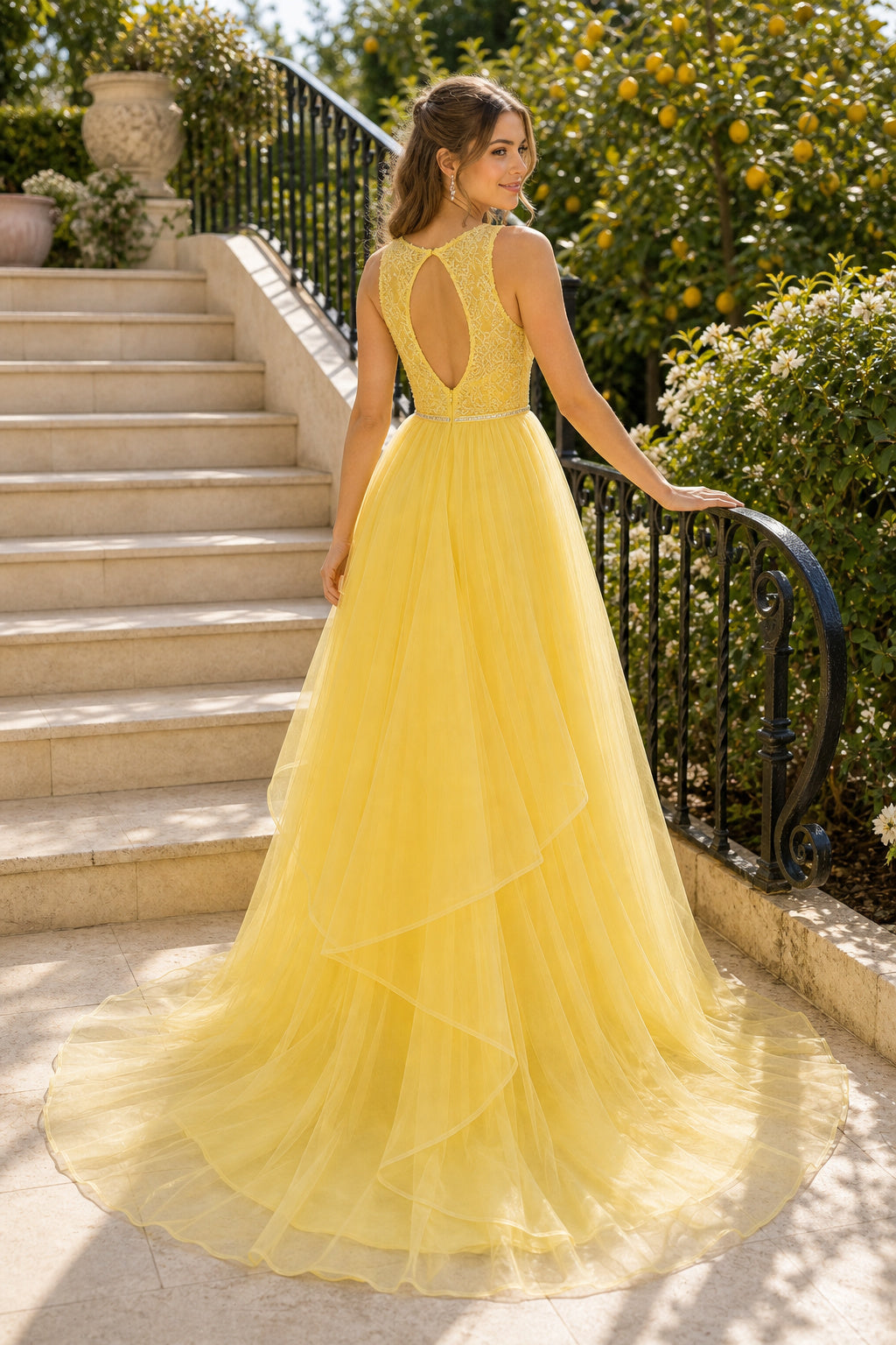 Yellow V-neck Sleeveless A-Line Tulle Floor-Length Dress With Keyhole Back