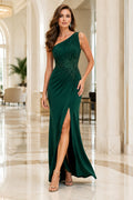 Dark Green One-Shoulder Jersey Evening Dress with Front Slit front view