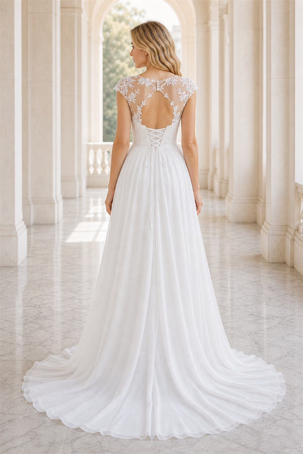 White Scoop Cap Sleeves Mermaid Lace Floor-length Wedding Dress With Lace and Beaded Bodice and Open Back