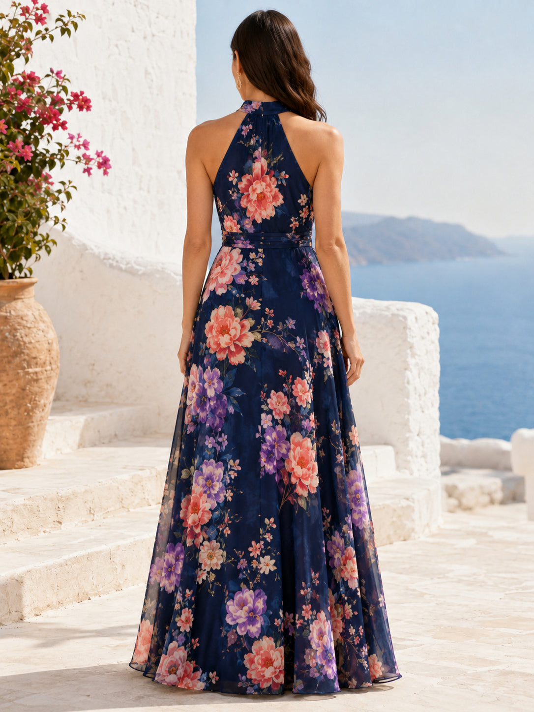 Navy Floral Halter High Neck Chiffon A Line Evening Dress back view