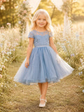 A-Line Sky Blue Tulle Flower Girl Dress with Short Sleeve Jewel Neckline Tea-length and A Satin Sash And Bow Accent front vie