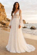 Ivory Long Bell Sleeve Lace Tulle A-Line Wedding Dress Chapel Train for Bridal Ceremony and Reception front view