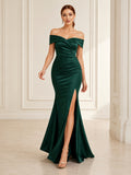 Dark Green Off-the-shoulder Satin Prom Dress front view