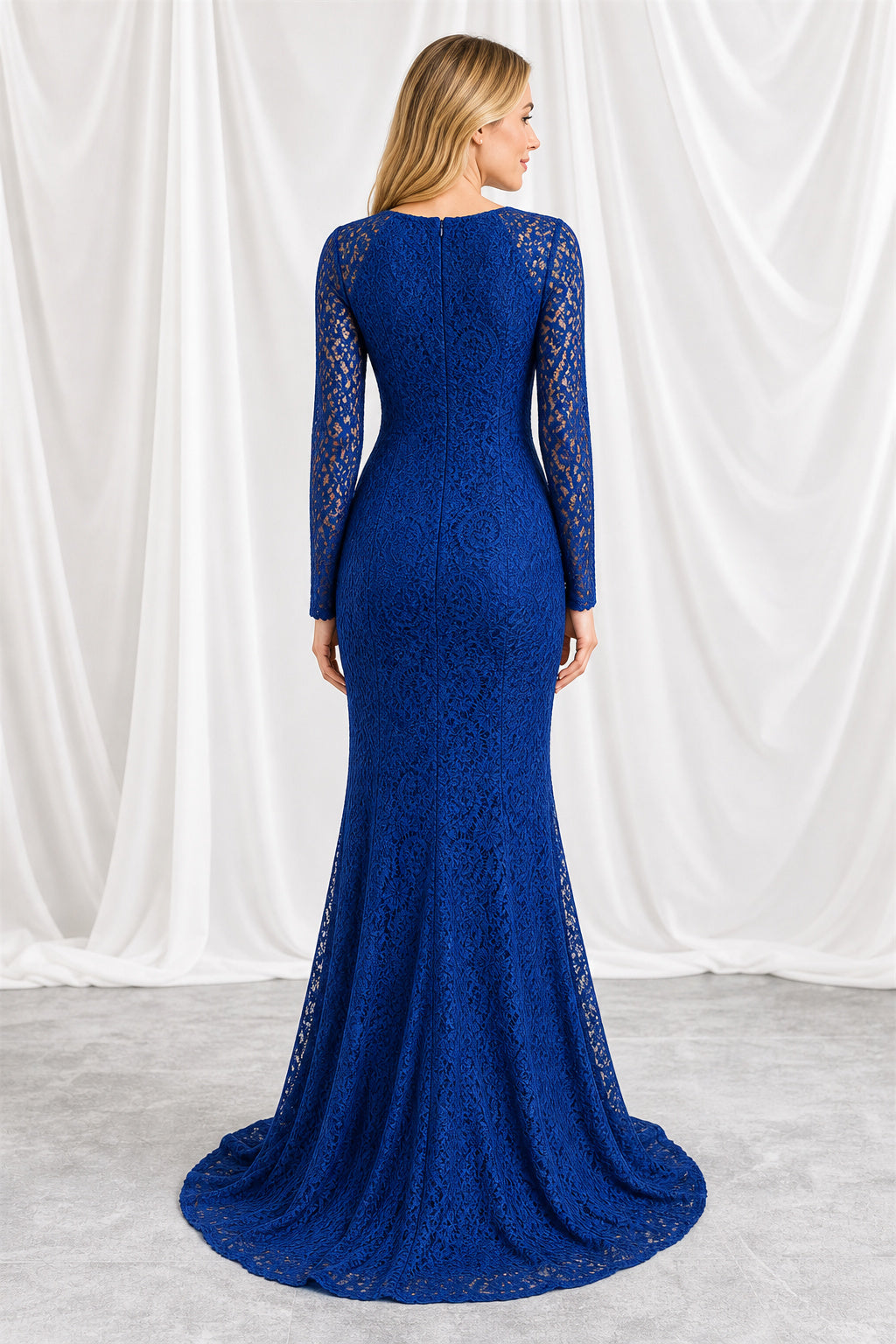 Bateau Neck Long Sleeve Mermaid Lace Floor-Length Dress With Train