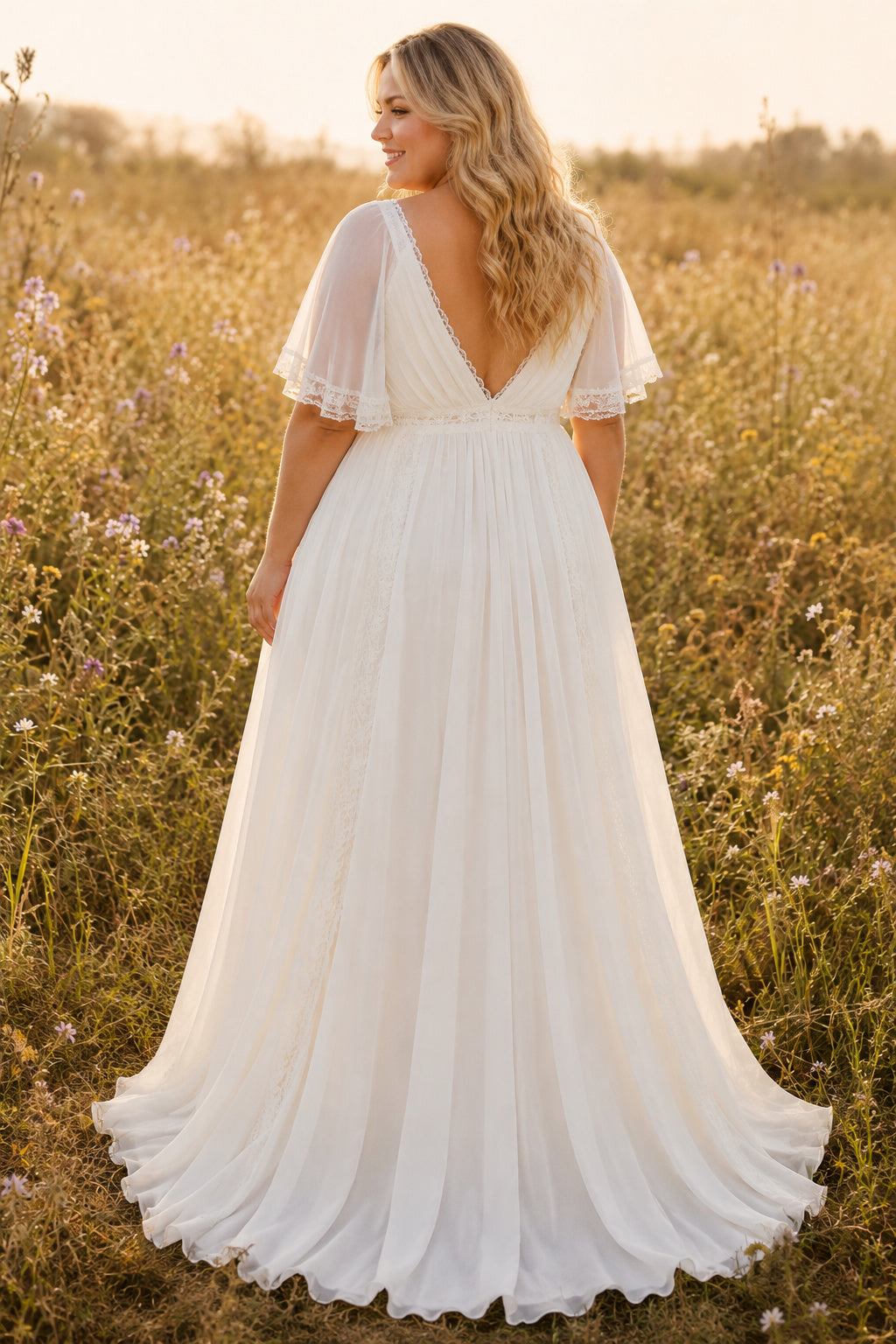 Plus Size Ivory V-Neck Flutter Sleeve Lace Tulle A-Line Wedding Dress with Simple Pleated Chiffon Skirt and Sweep Train back