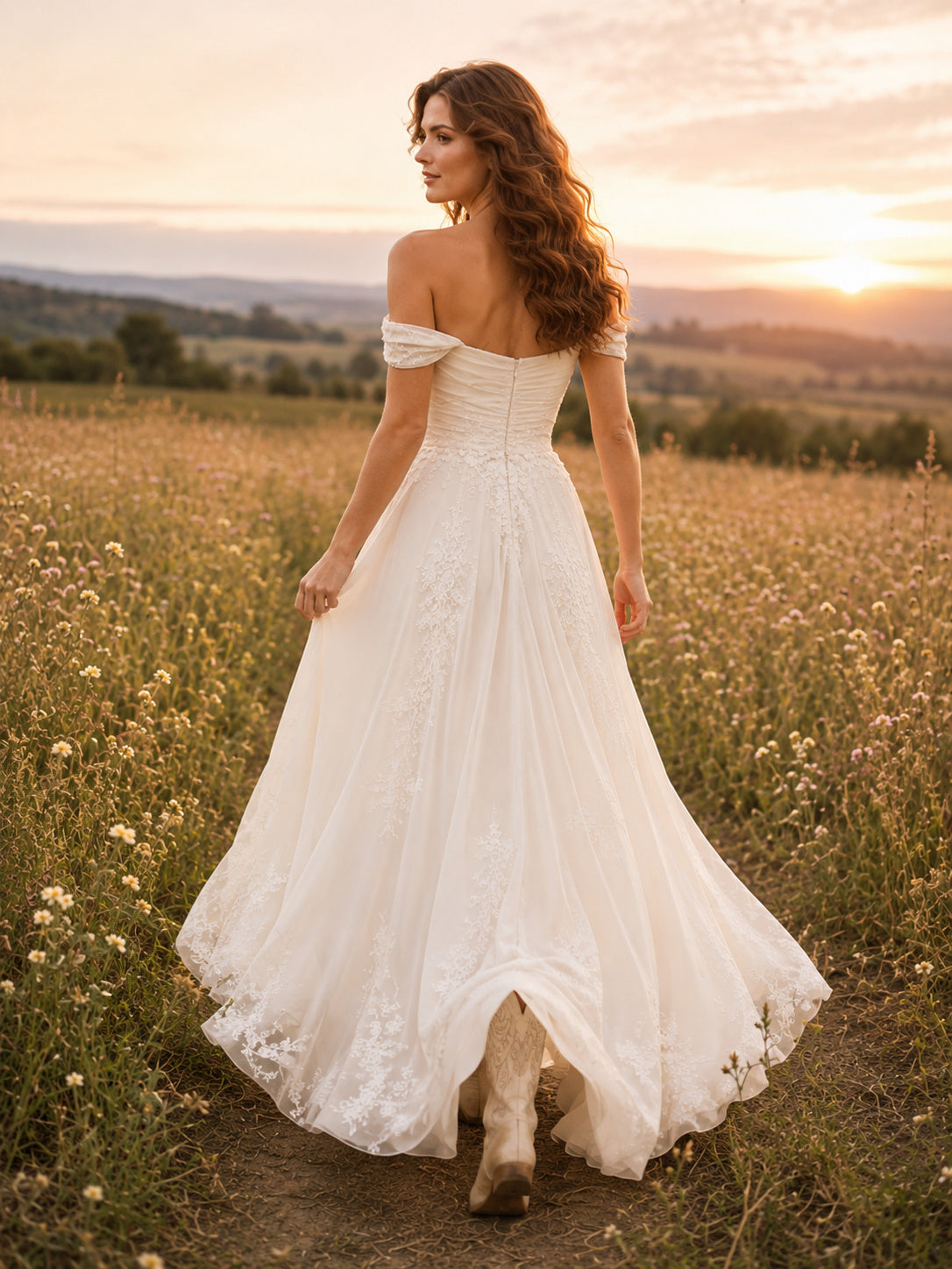 Country Simple Romantic A-Line Chiffon Wedding Dress with Off Shoulder Sweetheart Sleeveless Floor-Length Train Split Skirt D