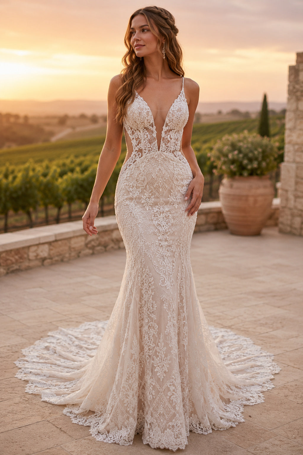 Champagne Sexy Spaghetti Neck Mermaid Champagne Lace Wedding Dress with Spaghetti Straps and Chapel Train Style MG_701383 fro
