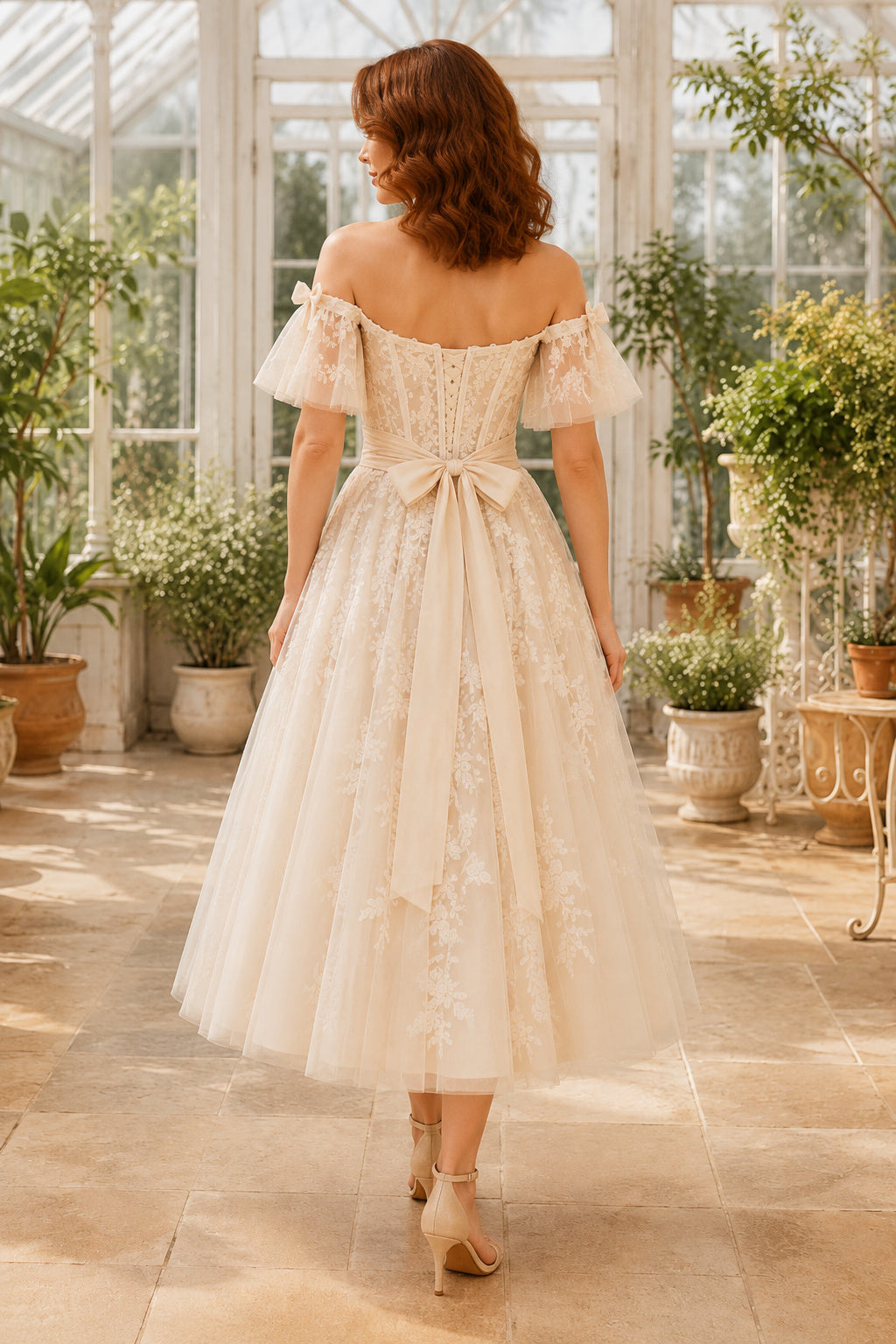 Champagne Off-the-Shoulder Sweetheart Flutter Sleeve Lace Tulle Tea-Length Wedding Dress with Flutter Sleeves and Bow Back ba